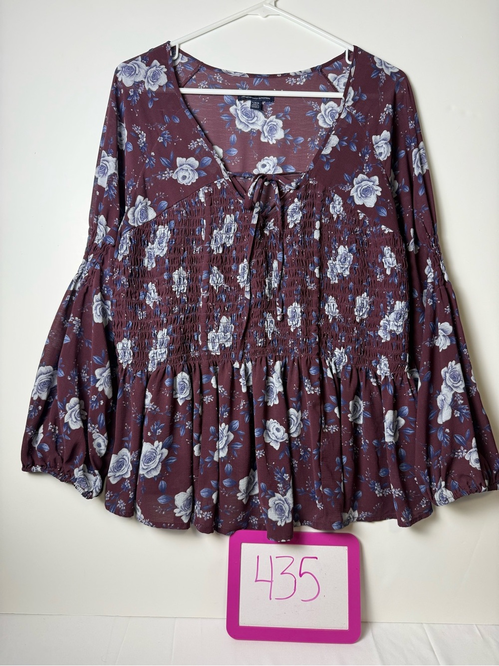 American Eagle Outfitters Burgundy Floral Tie-Front Peasant Blouse